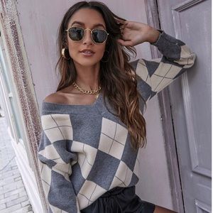 Argyle pattern drop shoulder sweater
